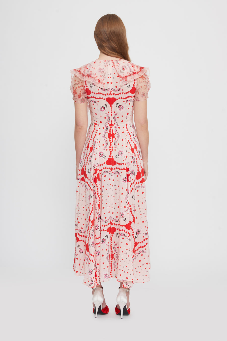 Ruffled Red Heart Floral Silk Dress
