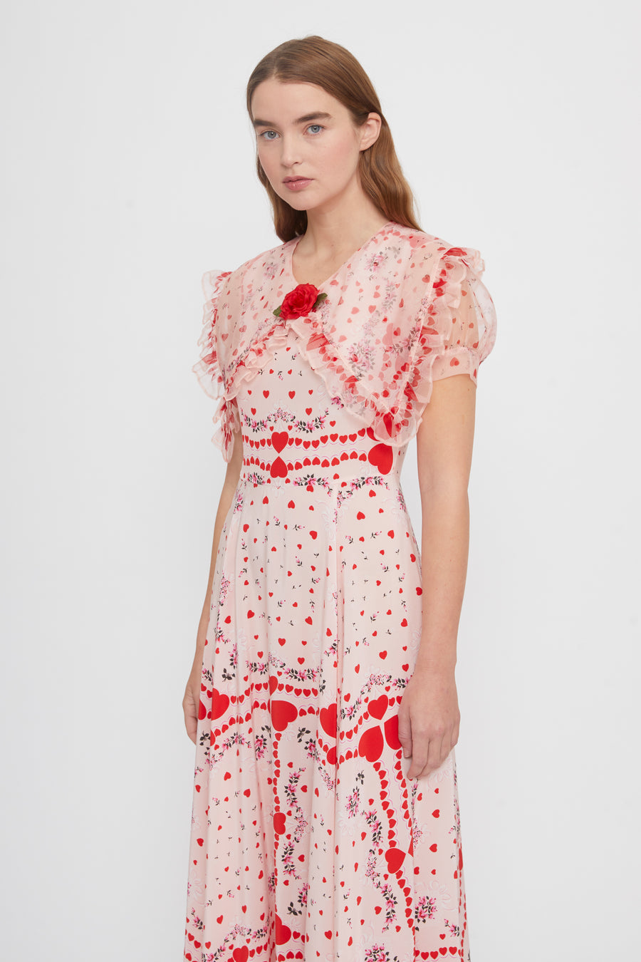 Ruffled Red Heart Floral Silk Dress