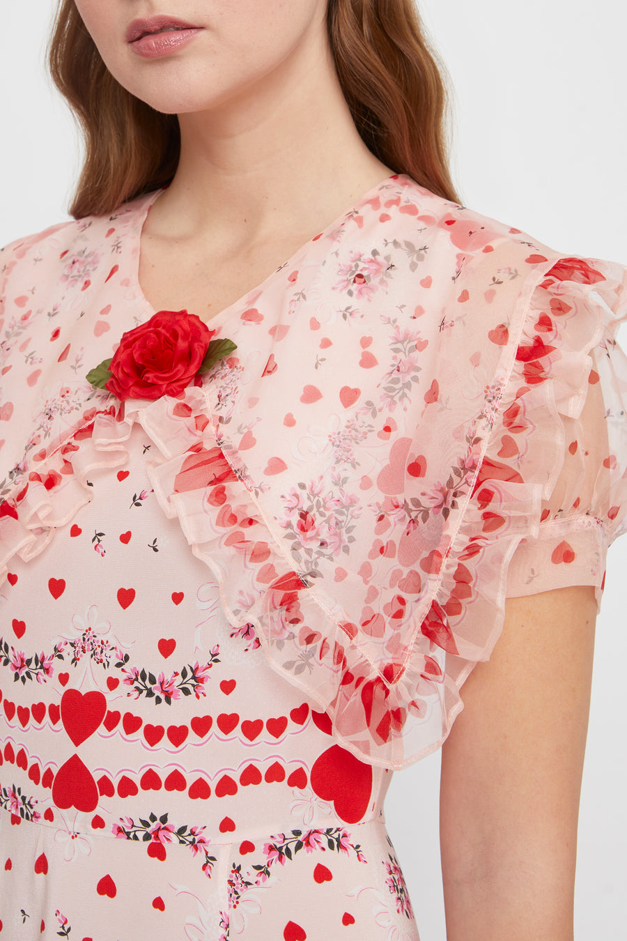 Ruffled Red Heart Floral Silk Dress