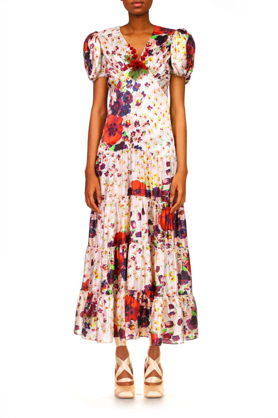 Purple And Red Floral Silk Dress With Silk Floral Spray