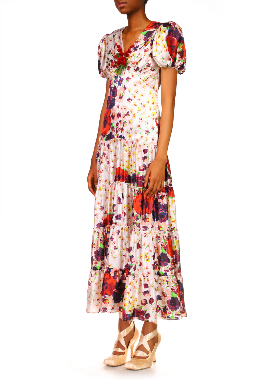 Purple And Red Floral Silk Dress With Silk Floral Spray