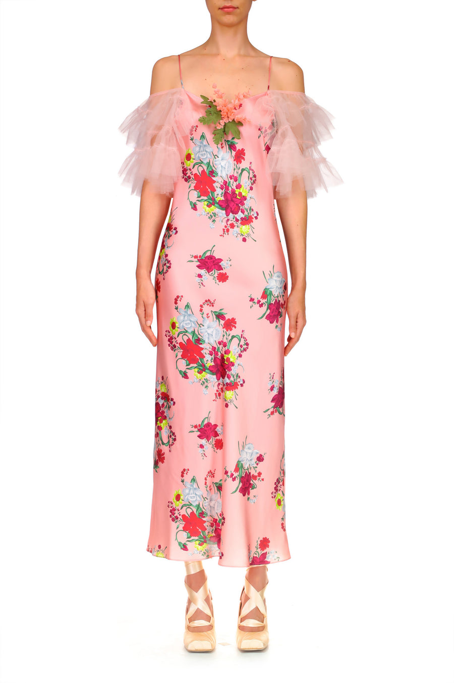 Pink Floral Silk Slip Dress With Ruffle Sleeves – Rodarte