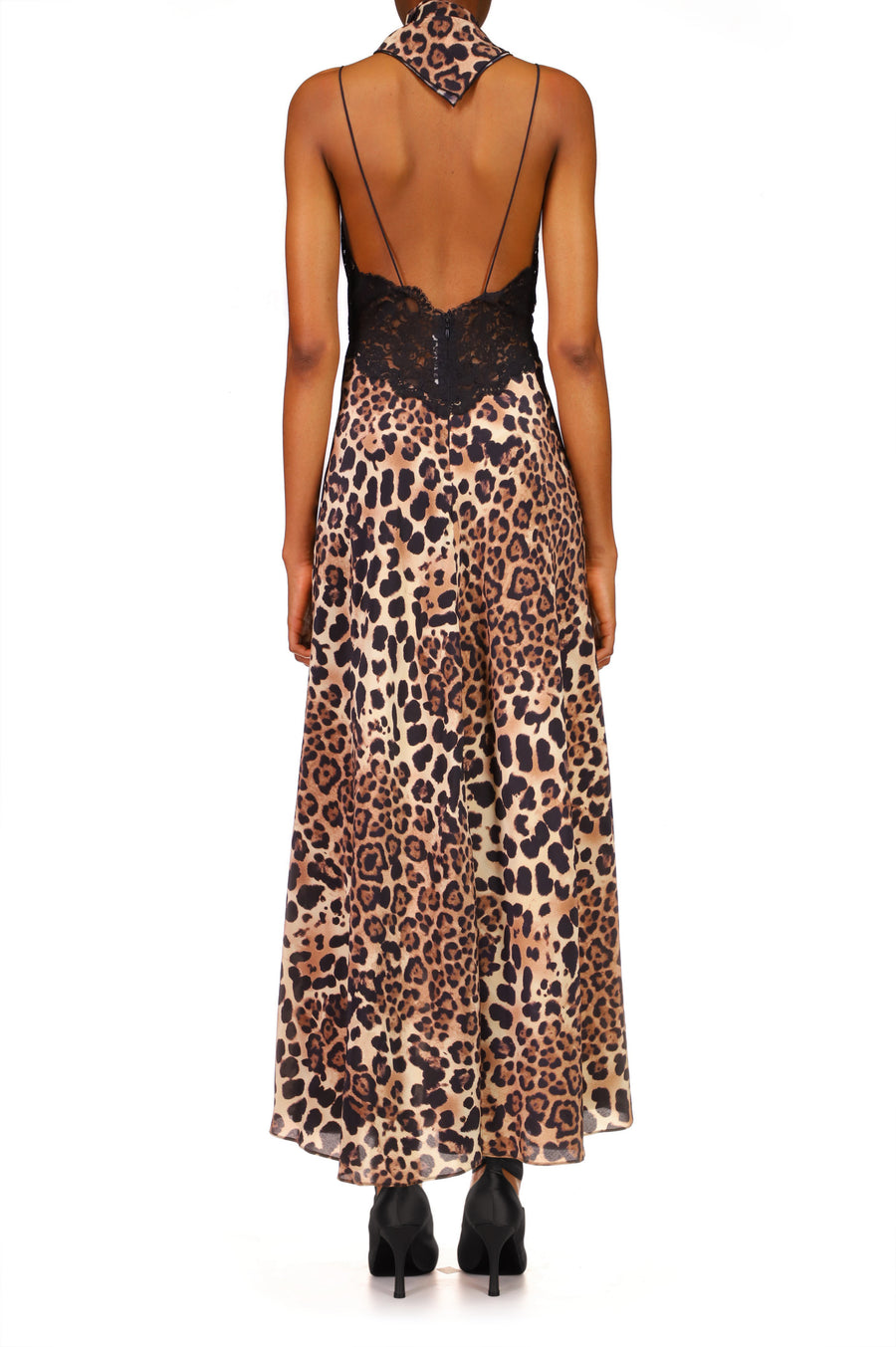 Leopard Printed Silk Dress With Black Lace And Silk Flower