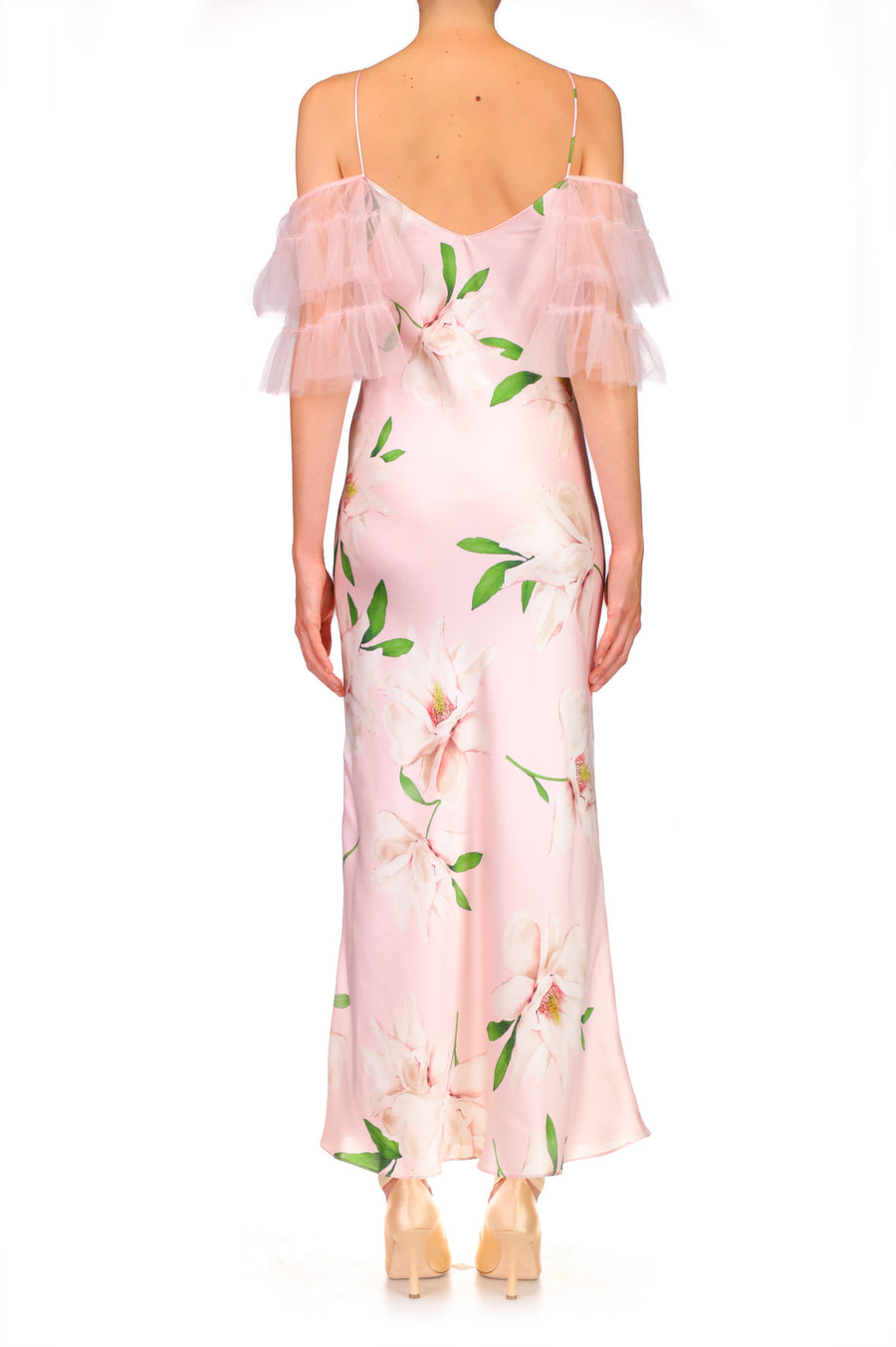 Floral Printed Silk Bias Slip Dress With Ruffle Sleeves And Silk Flower