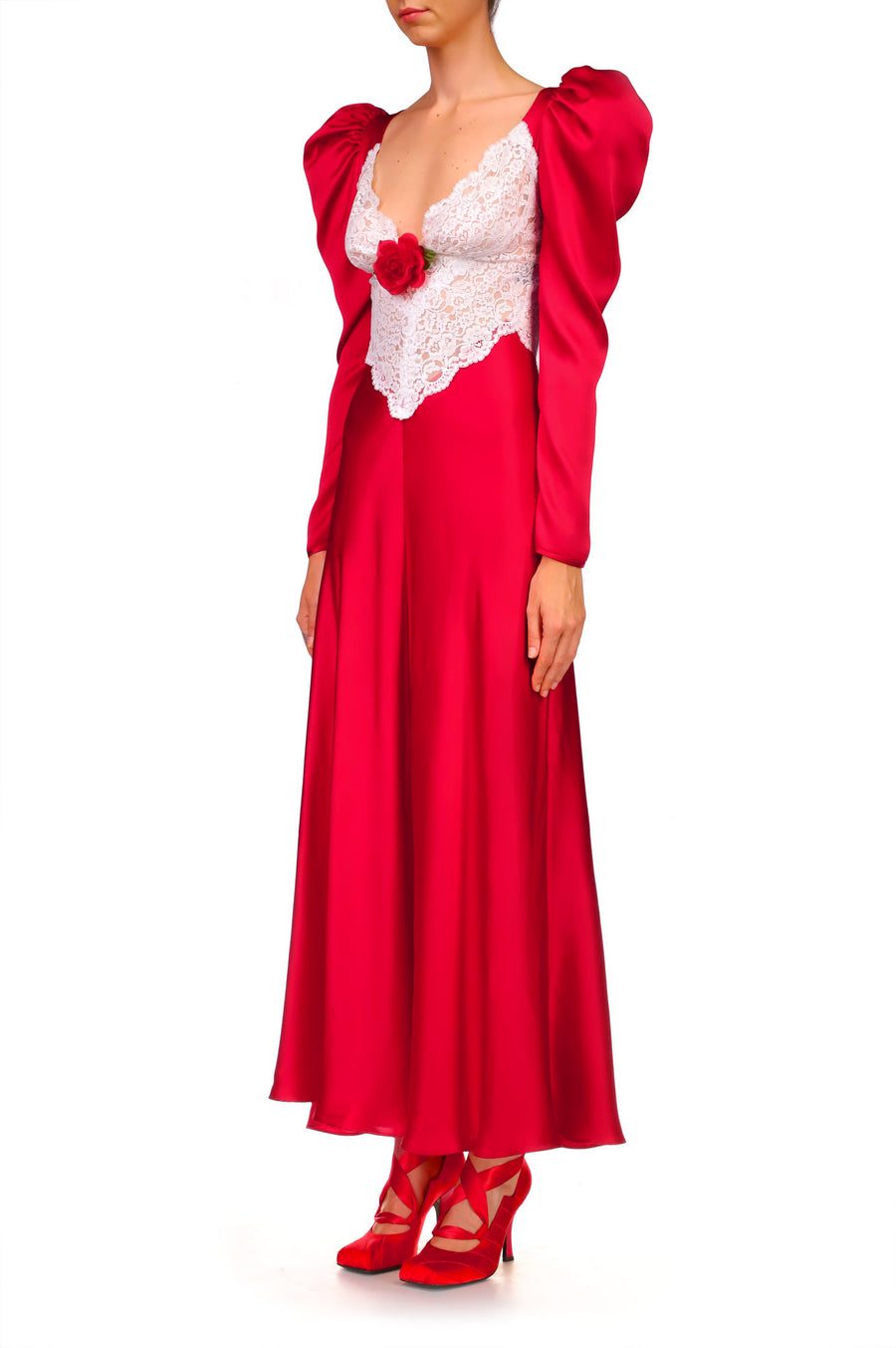 Red Silk and Lace Dress With Silk Flower Rodarte Red Silk and Lace Dress With Silk Flower Rodarte