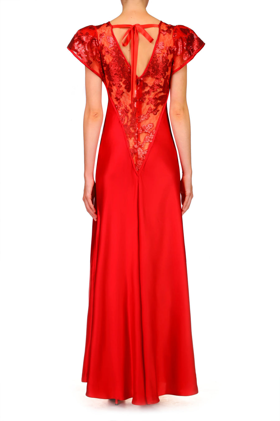 Red Silk Satin Gown With Sequin Detail