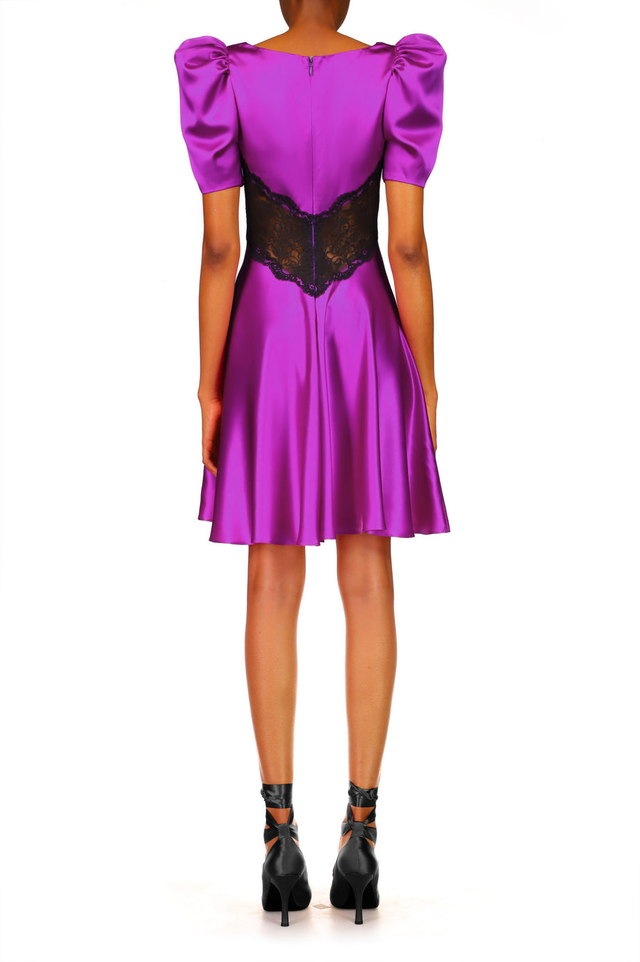 Purple Silk Short Sleeve Mini Dress With Lace Detail