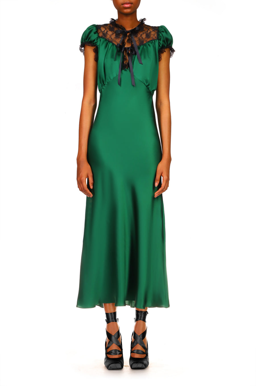 Green Silk Satin Bias Dress With Lace And Ruffle Details