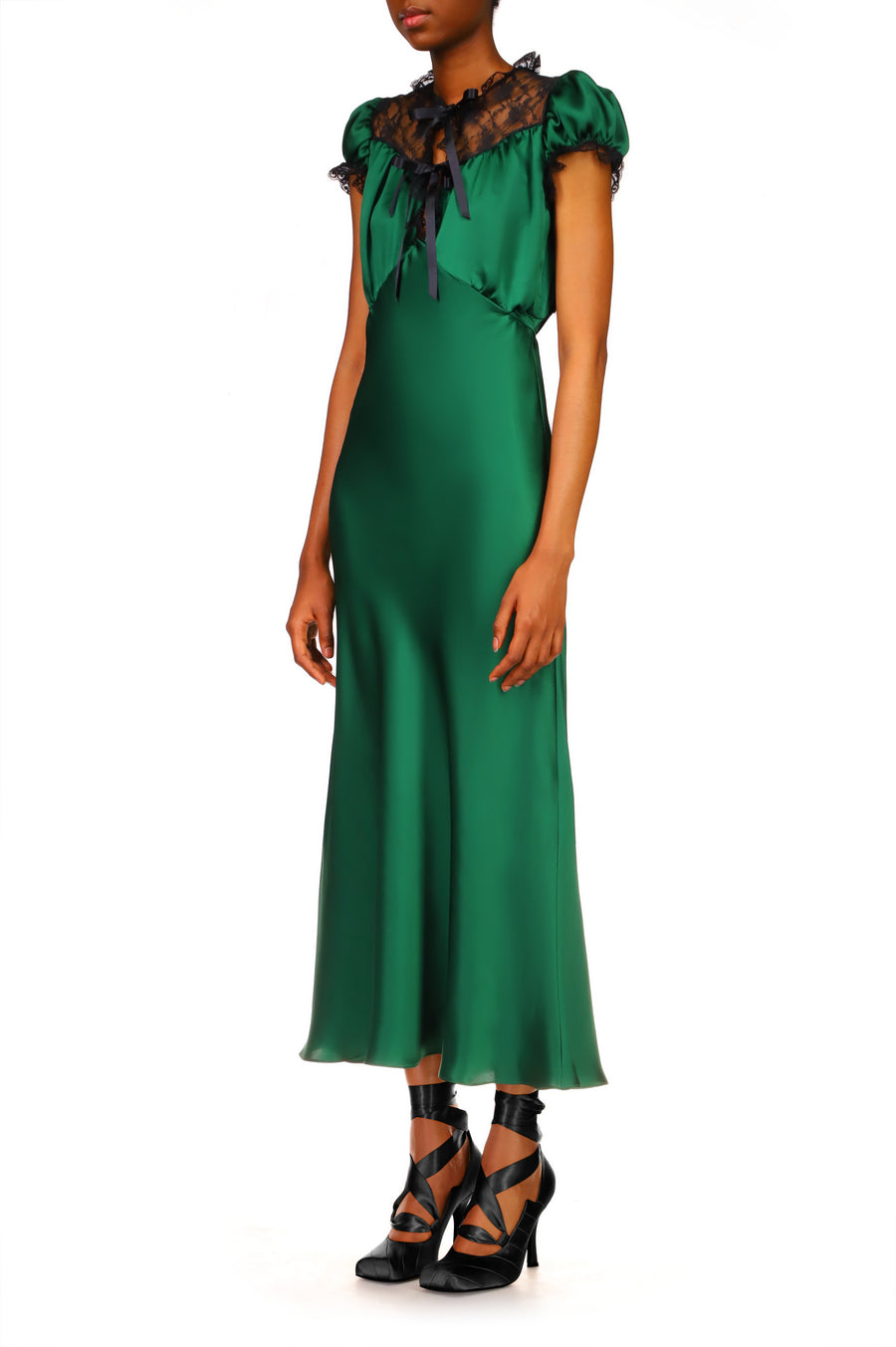 Green Silk Satin Bias Dress With Lace And Ruffle Details