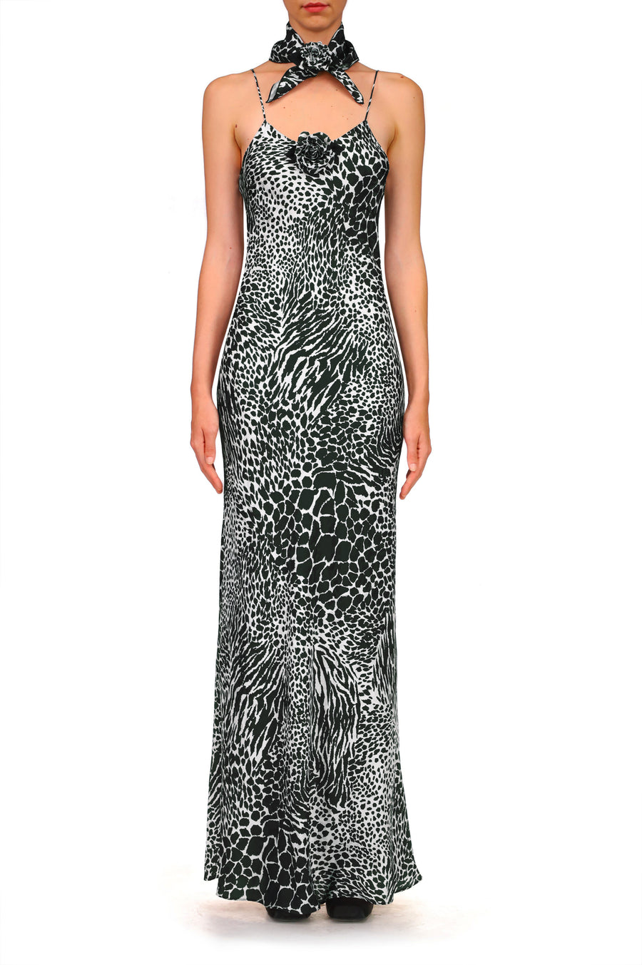 Black And White Zebra Silk Jacquard Gown With Silk Flower