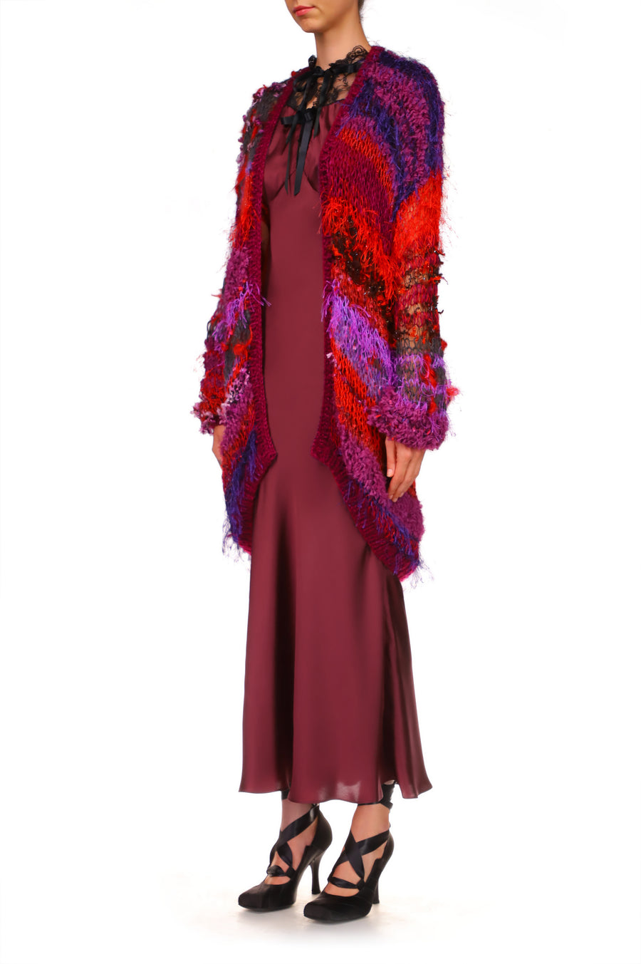 Red And Purple Oversized Loose Hand Knit Cardigan
