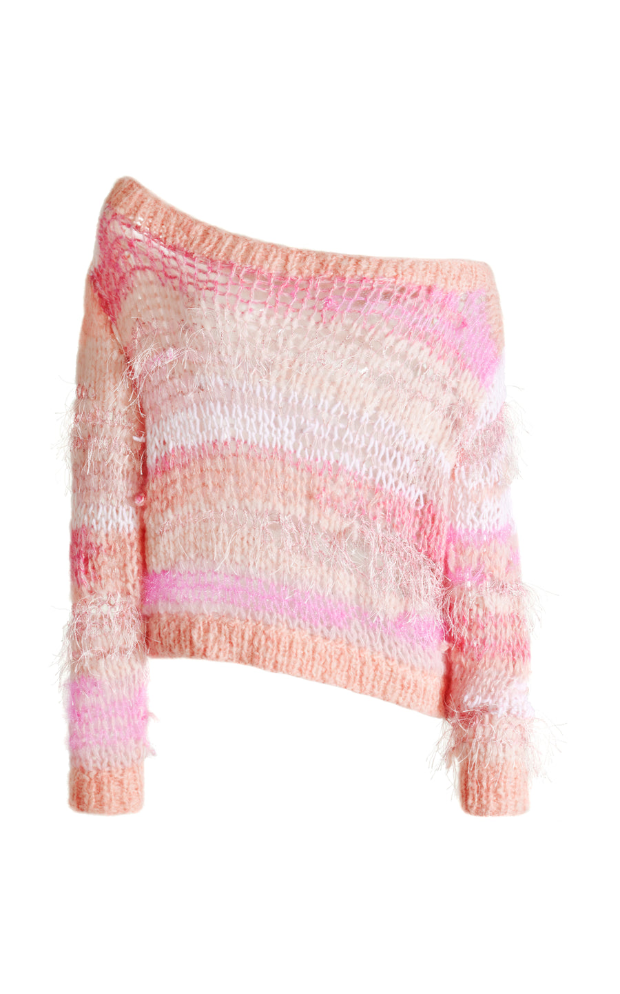Pink Loose Hand Knit Off The Shoulder Sweater