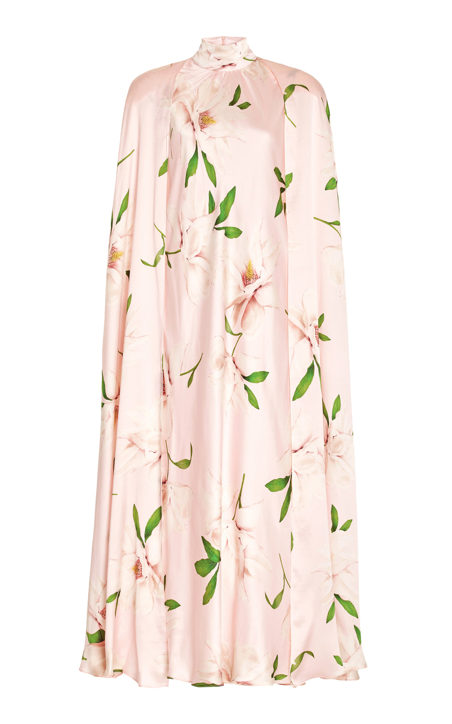 Floral Printed Silk Satin Cape Dress