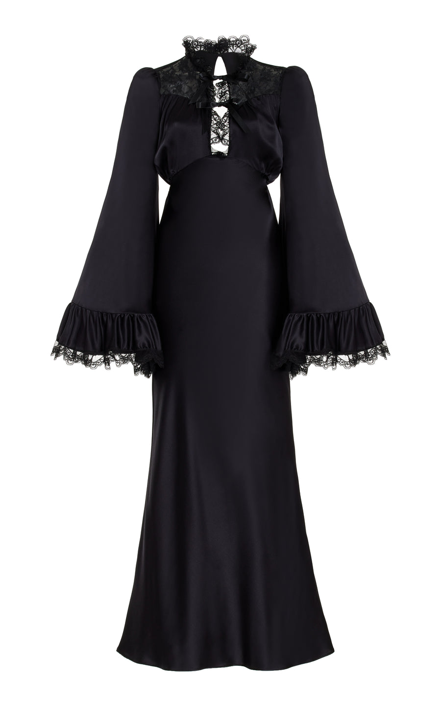 Black Silk Satin Dress With Bell Sleeves