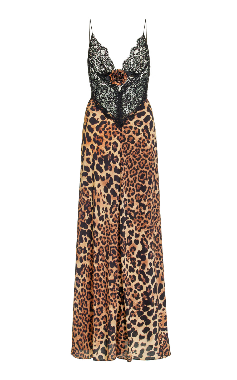 Leopard Printed Silk Dress With Black Lace And Silk Flower