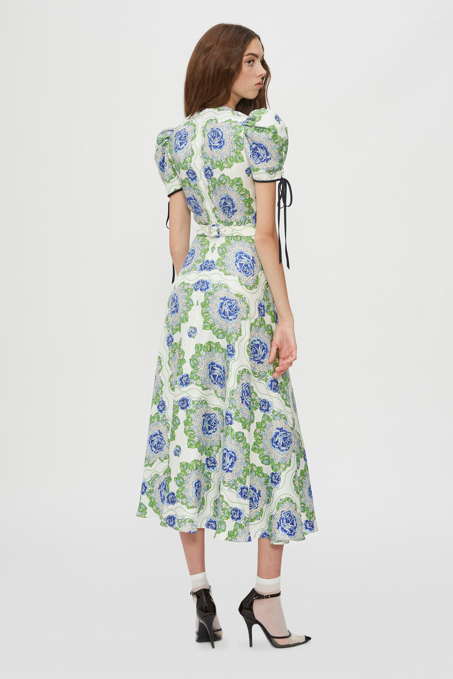 Belted Floral Printed Silk Twill Dress