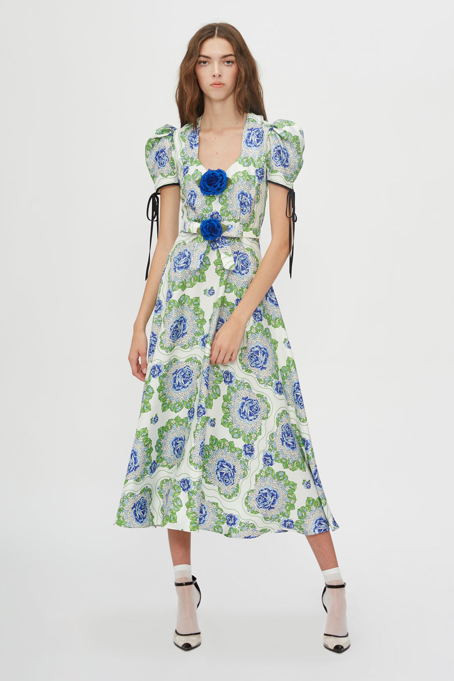 Belted Floral Printed Silk Twill Dress
