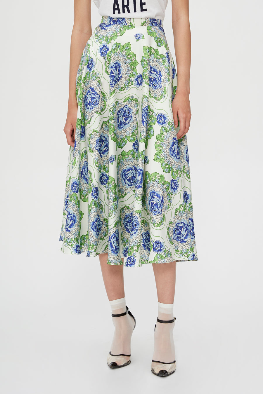 Blue and Green Floral Printed Silk Twill Skirt