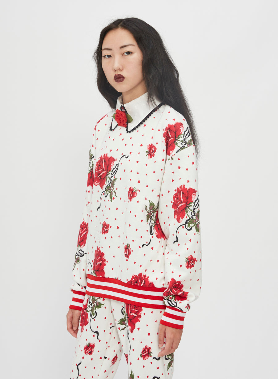 Silk Rose Sweatshirt With Eyelet Collar