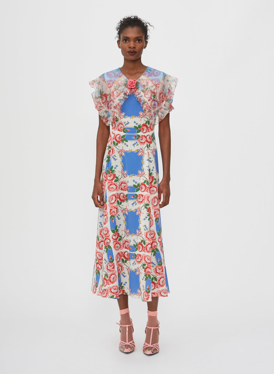 Floral Printed Silk Dress With Ruffle Collar