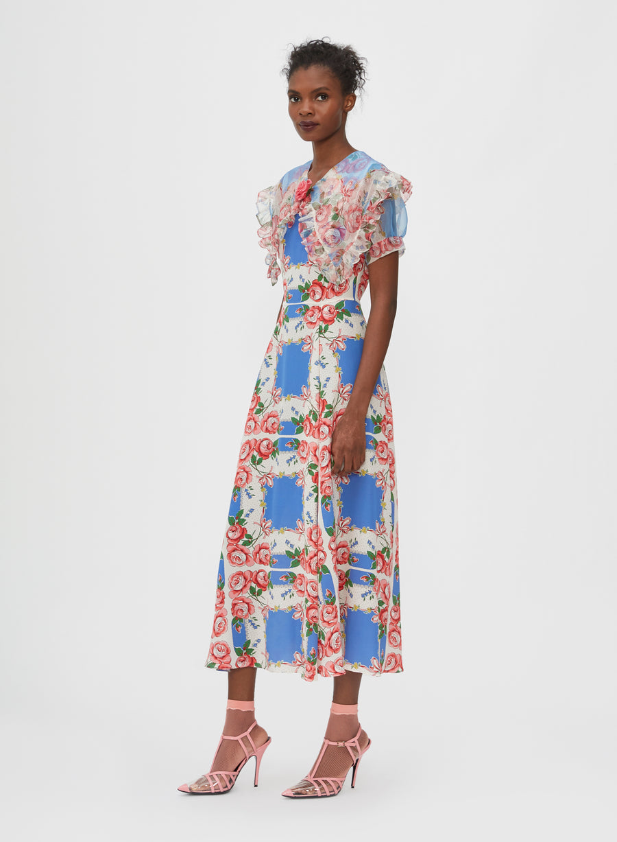 Floral Printed Silk Dress With Ruffle Collar