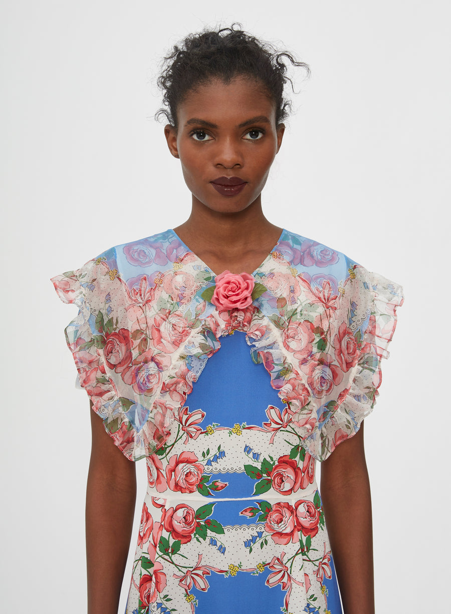 Floral Printed Silk Dress With Ruffle Collar