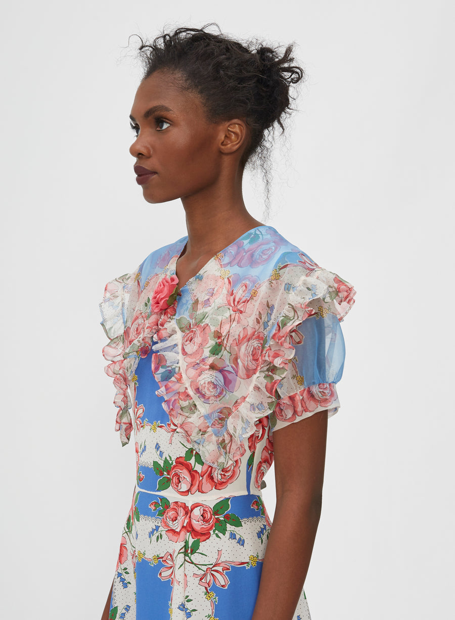 Floral Printed Silk Dress With Ruffle Collar