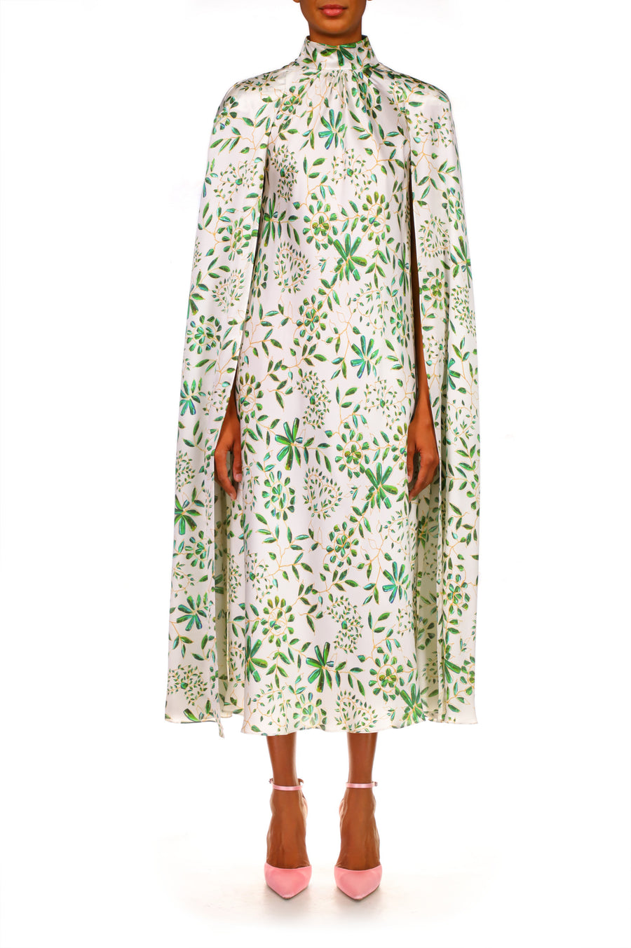 White and Green Floral Printed Silk Satin Cape Dress