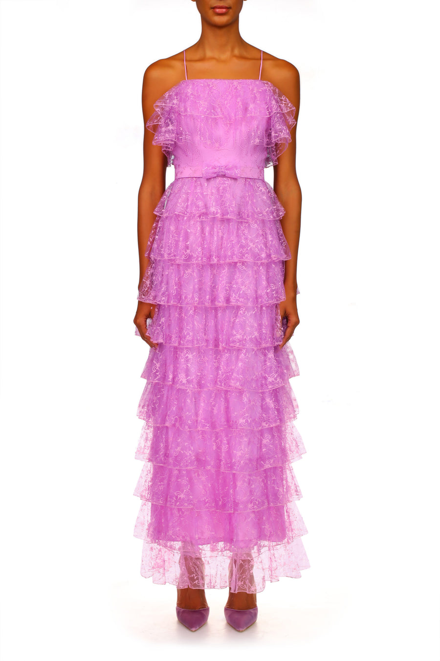 Orchid Purple Floral Tulle Tiered Ruffle Dress
