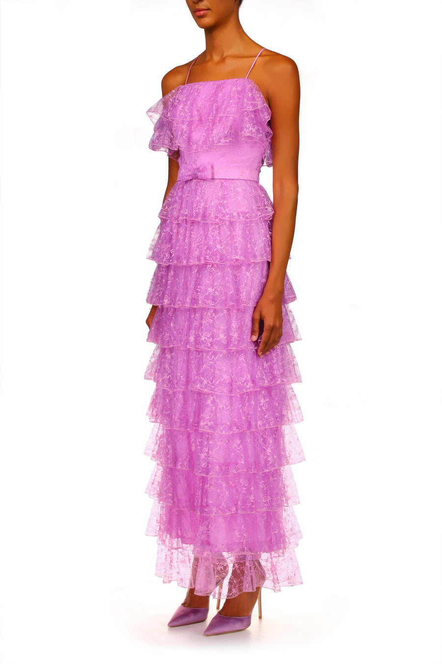 Orchid Purple Floral Tulle Tiered Ruffle Dress
