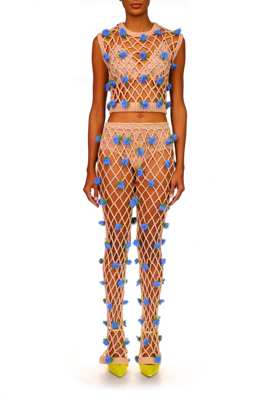 Peach Hand Crochet Pants With Blue Flowers