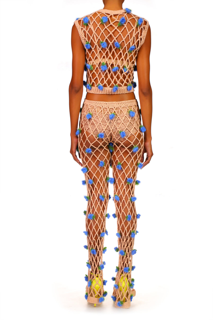 Peach Hand Crochet Pants With Blue Flowers