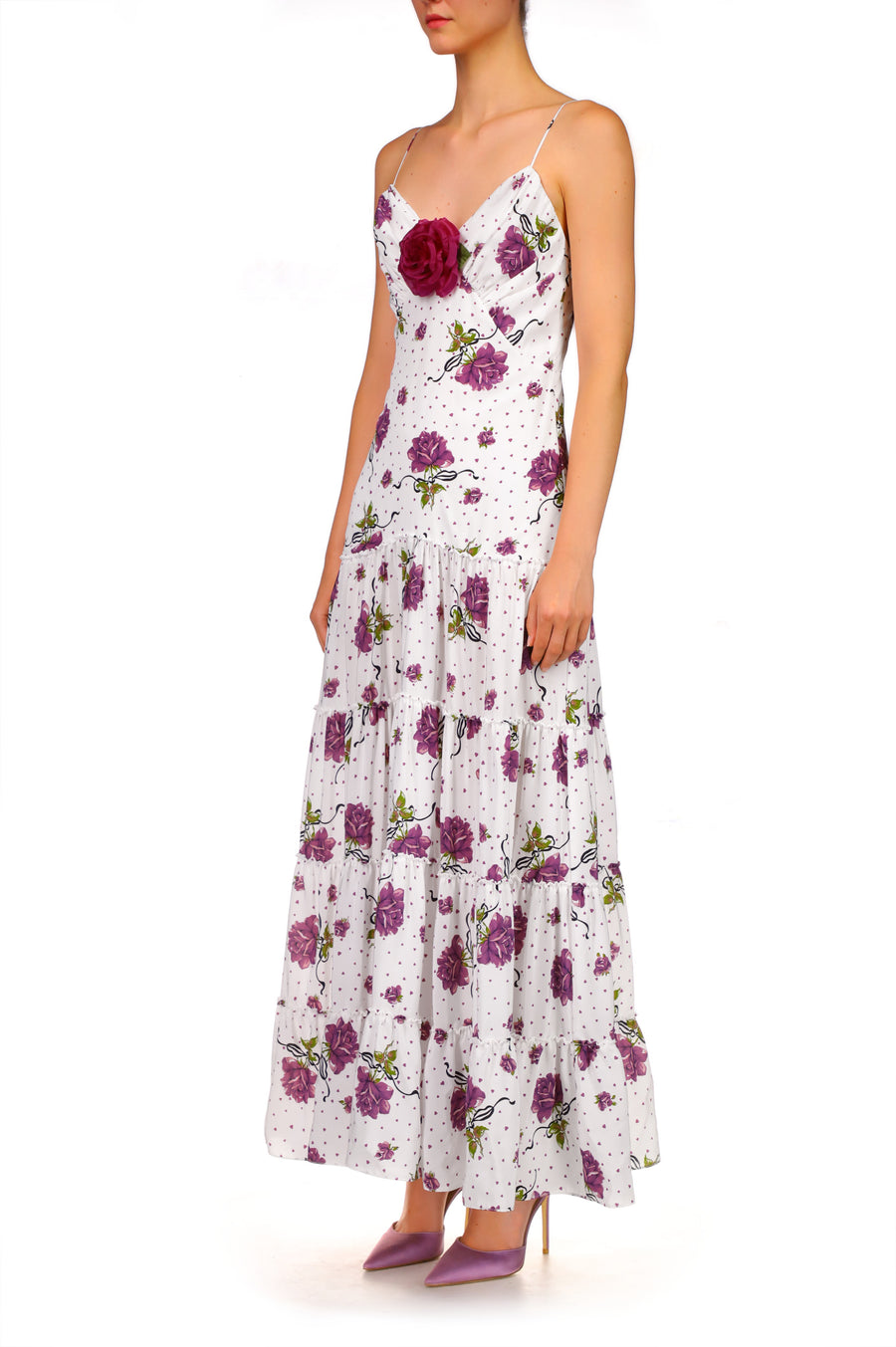 Purple Rose Printed Silk Tiered Dress With Silk Flower