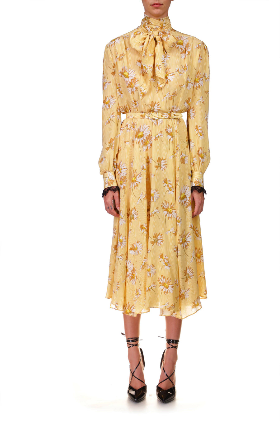 Yellow Daisy Moire Dress With Sash Tie Neck And Lace Details