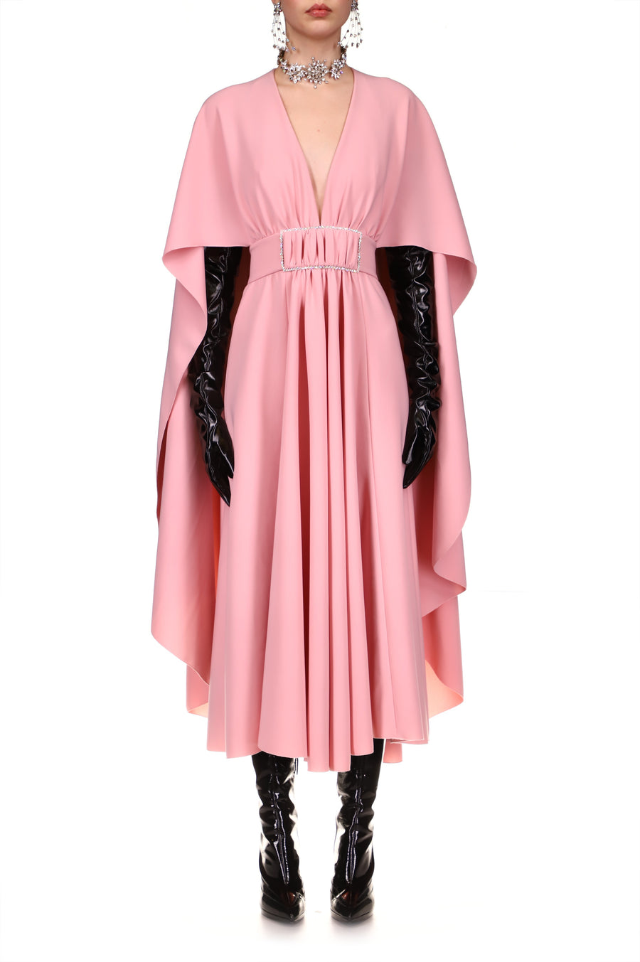 Pink Draped Dress With Cape And Rhinestone Detail