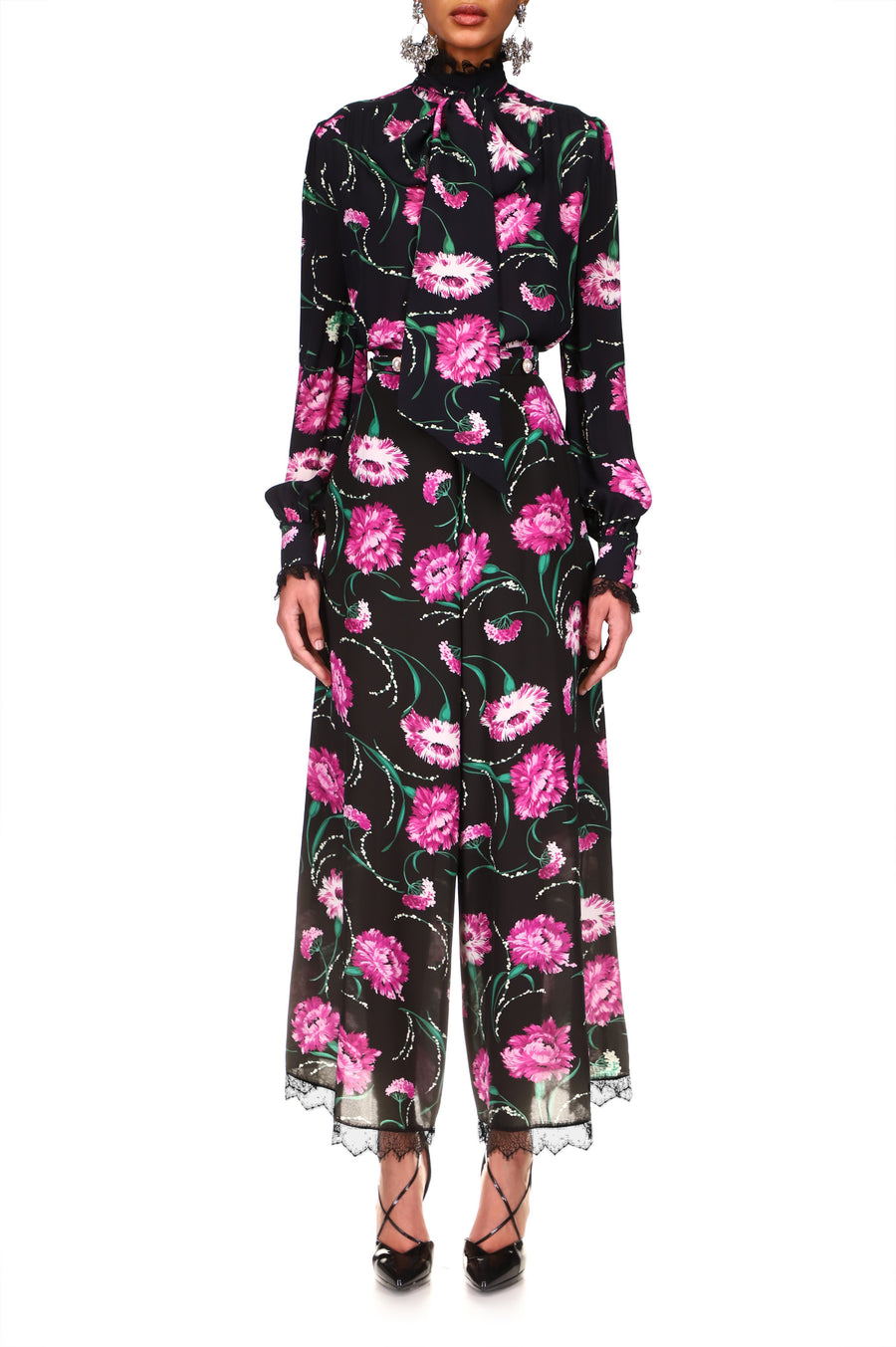 Black And Fuchsia Floral Silk Pant With Lace Detail