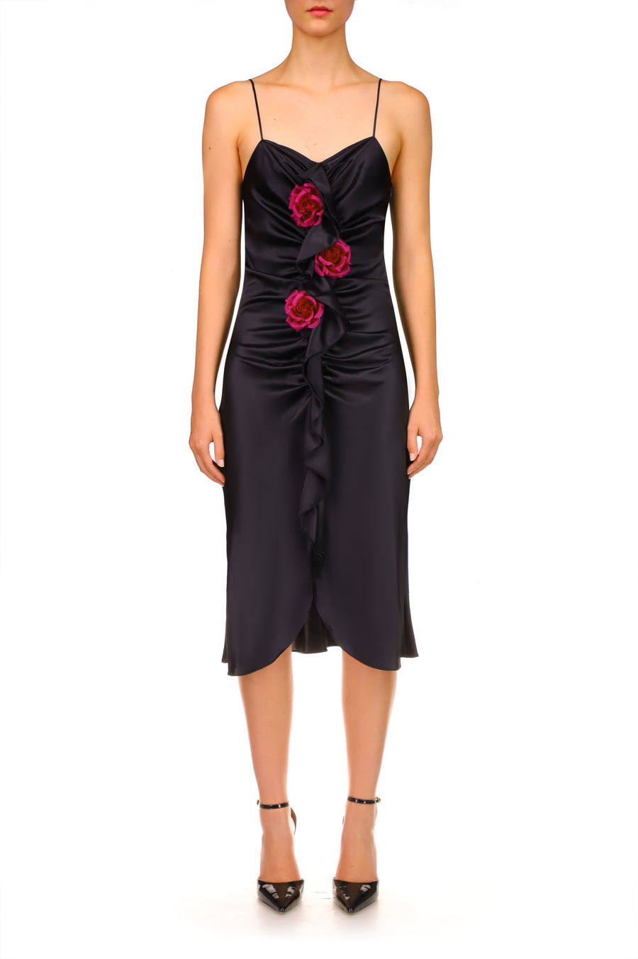Black Silk Ruched Dress With Ruffle Detail And Silk Roses