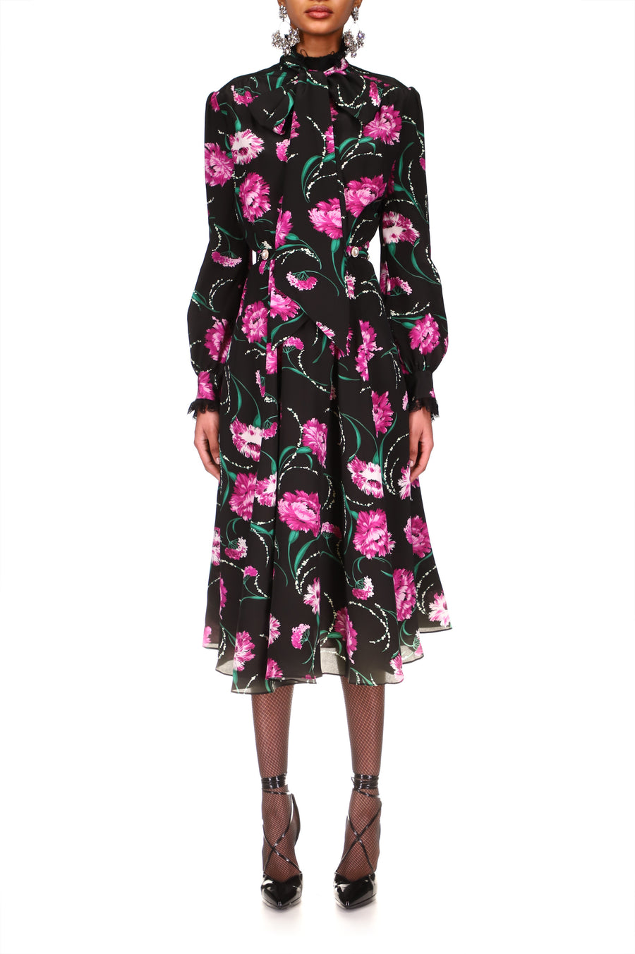 Black And Fuchsia Floral Silk Dress With Sash Tie Neck And Lace Details