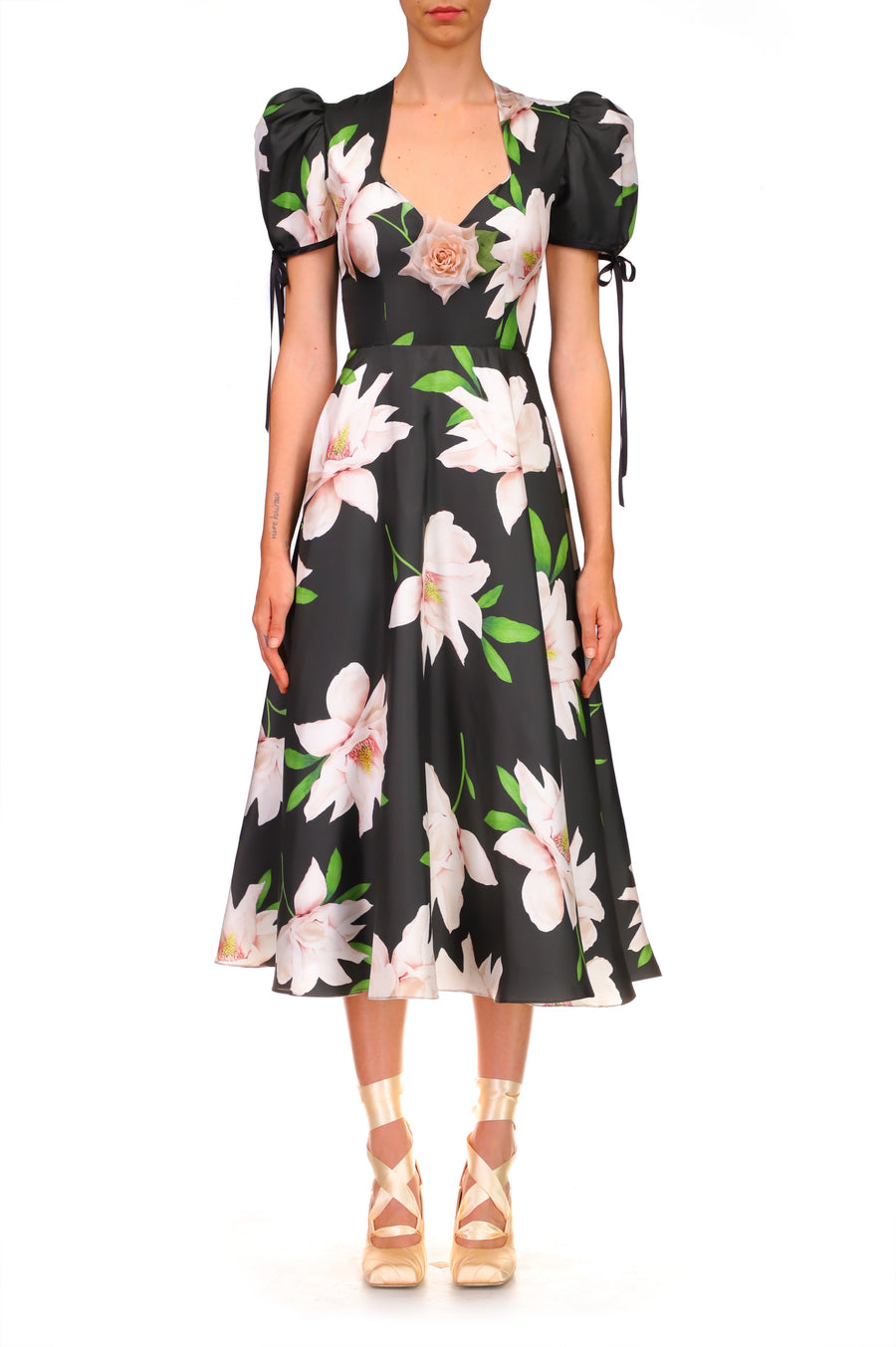 Floral Printed Twill Dress With Silk Flower