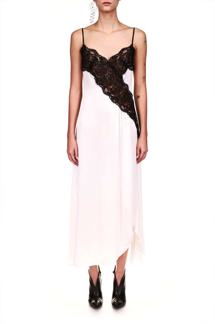 Off White Silk Satin Dress With Lace Detail