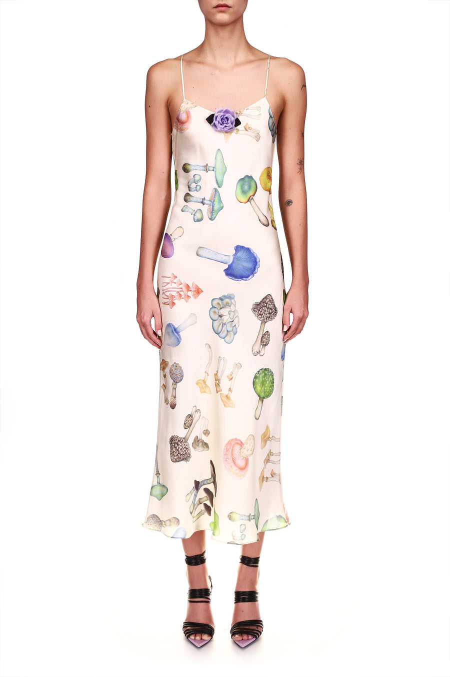 Off White Mushroom Printed Silk Slip Dress