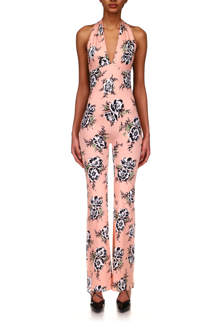 Peach Floral Stretch Halter Jumpsuit