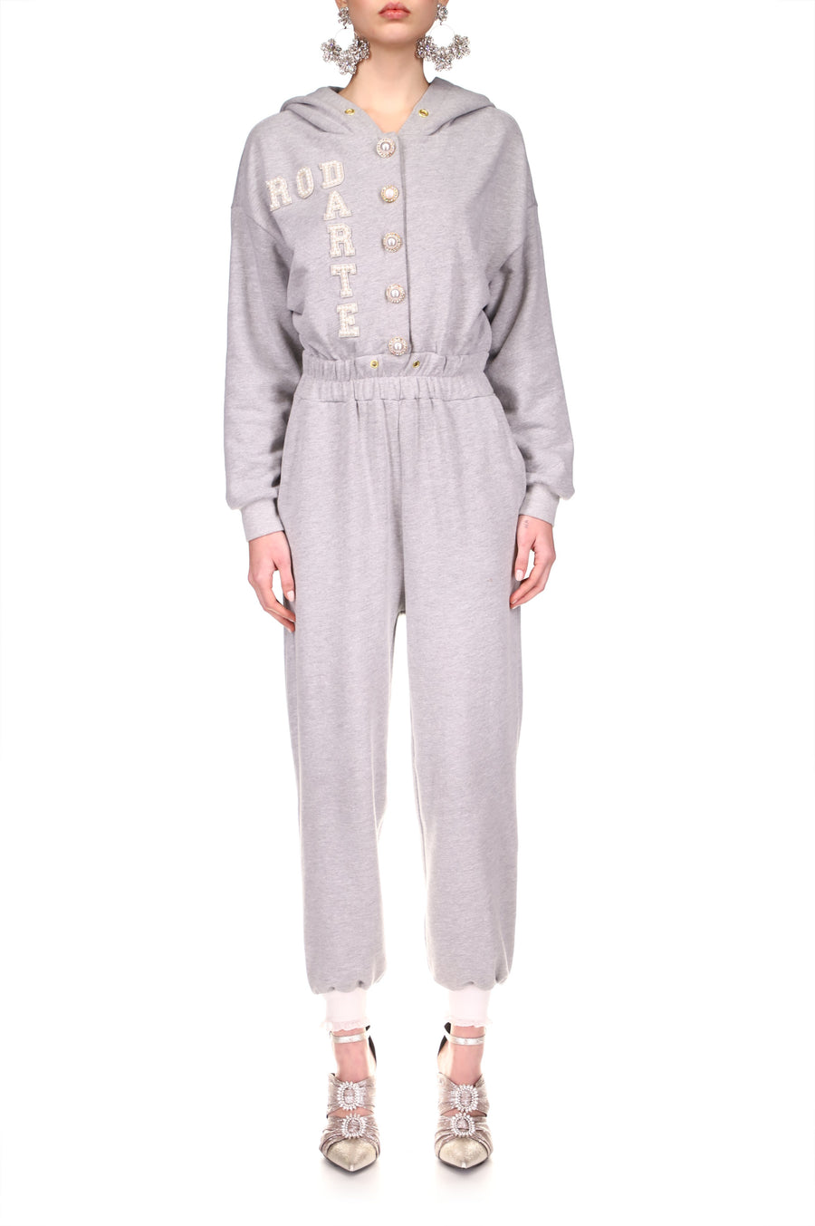 Heather Grey French Terry Hoodie Jumpsuit With Pearl Button Details