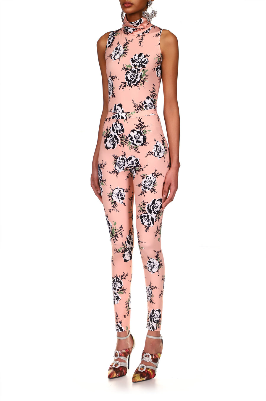 Peach Floral Stretch Turtle Neck Bodysuit