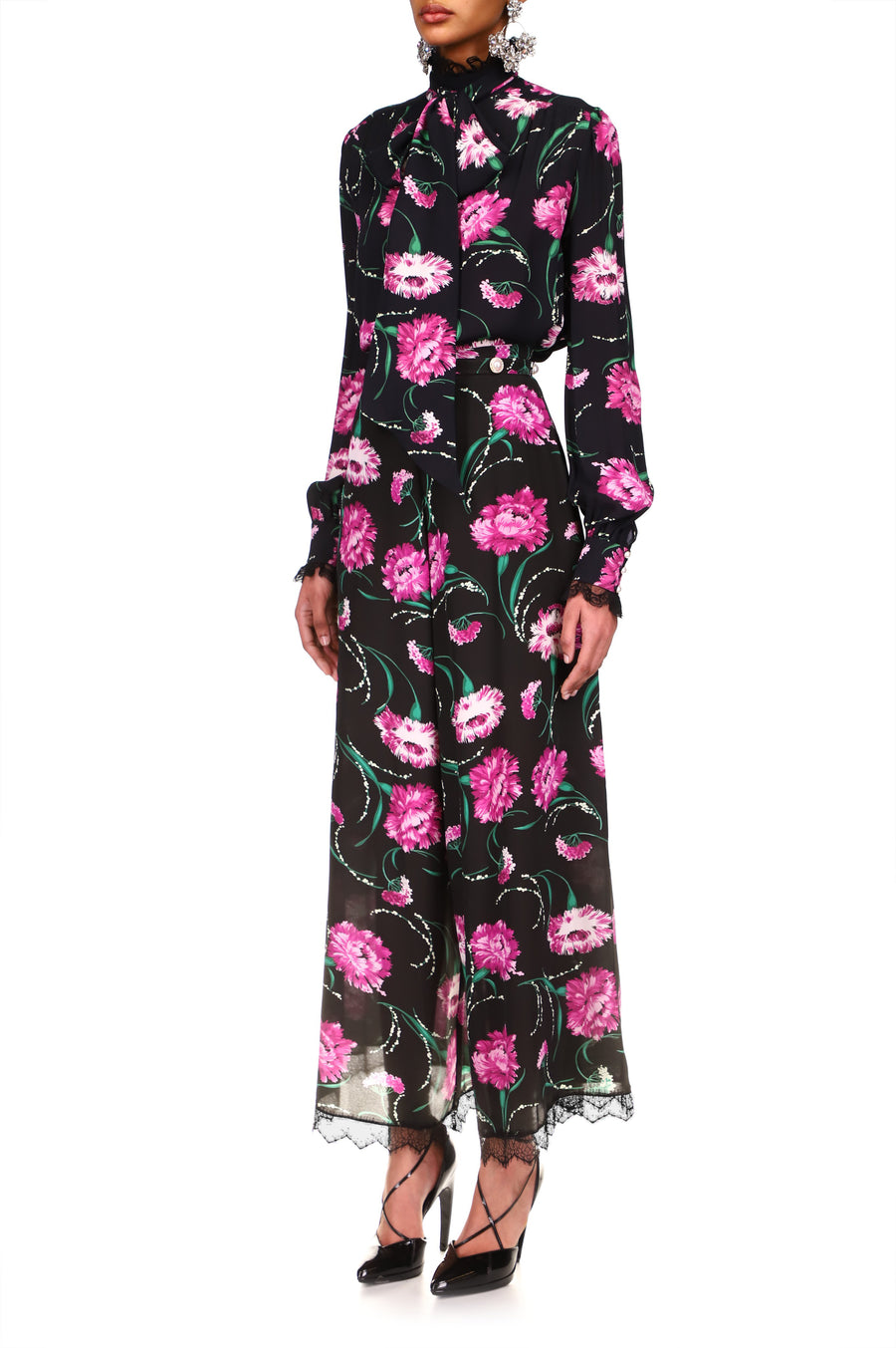 Black And Fuchsia Floral Silk Pant With Lace Detail