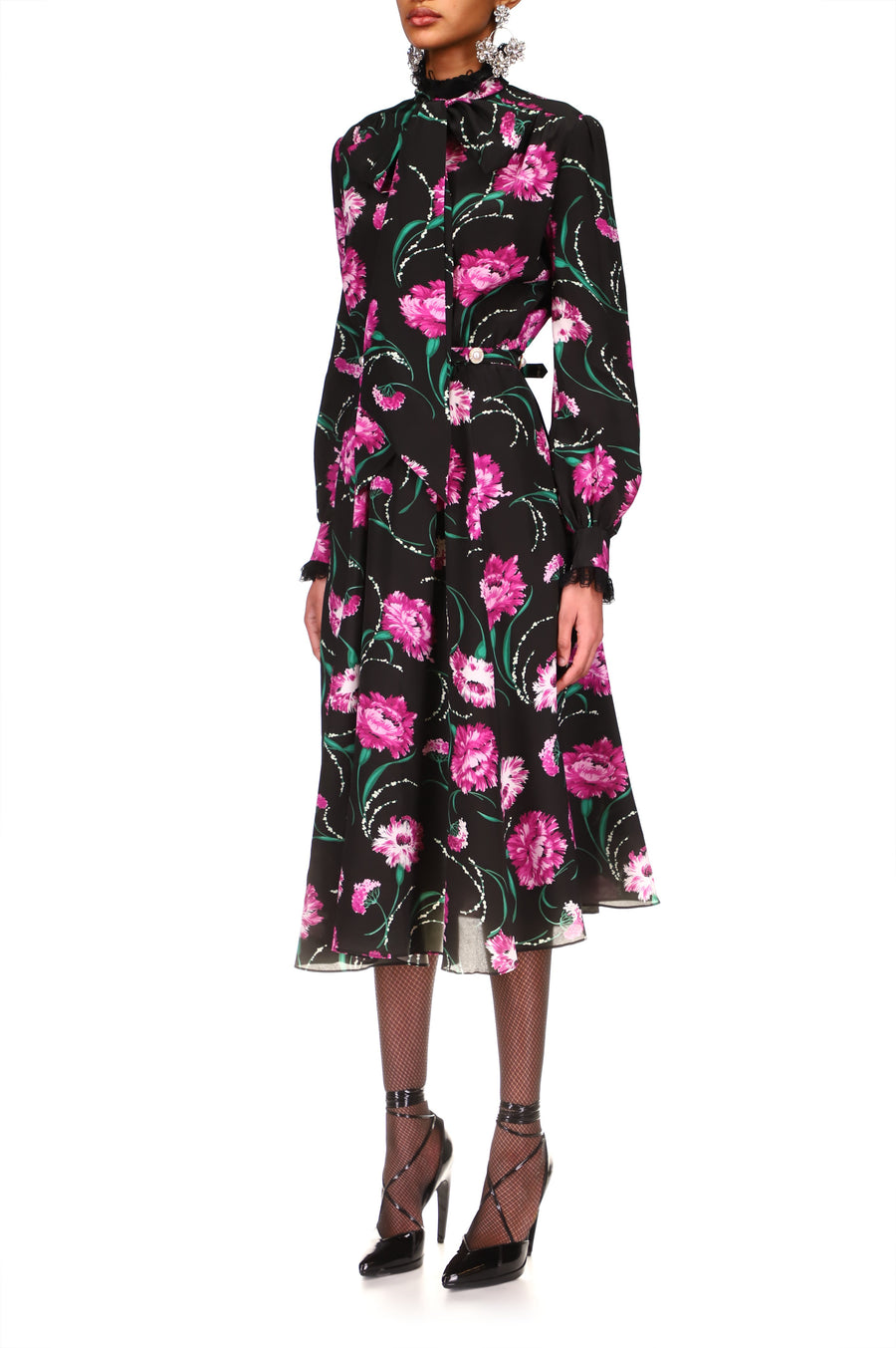 Black And Fuchsia Floral Silk Dress With Sash Tie Neck And Lace Details