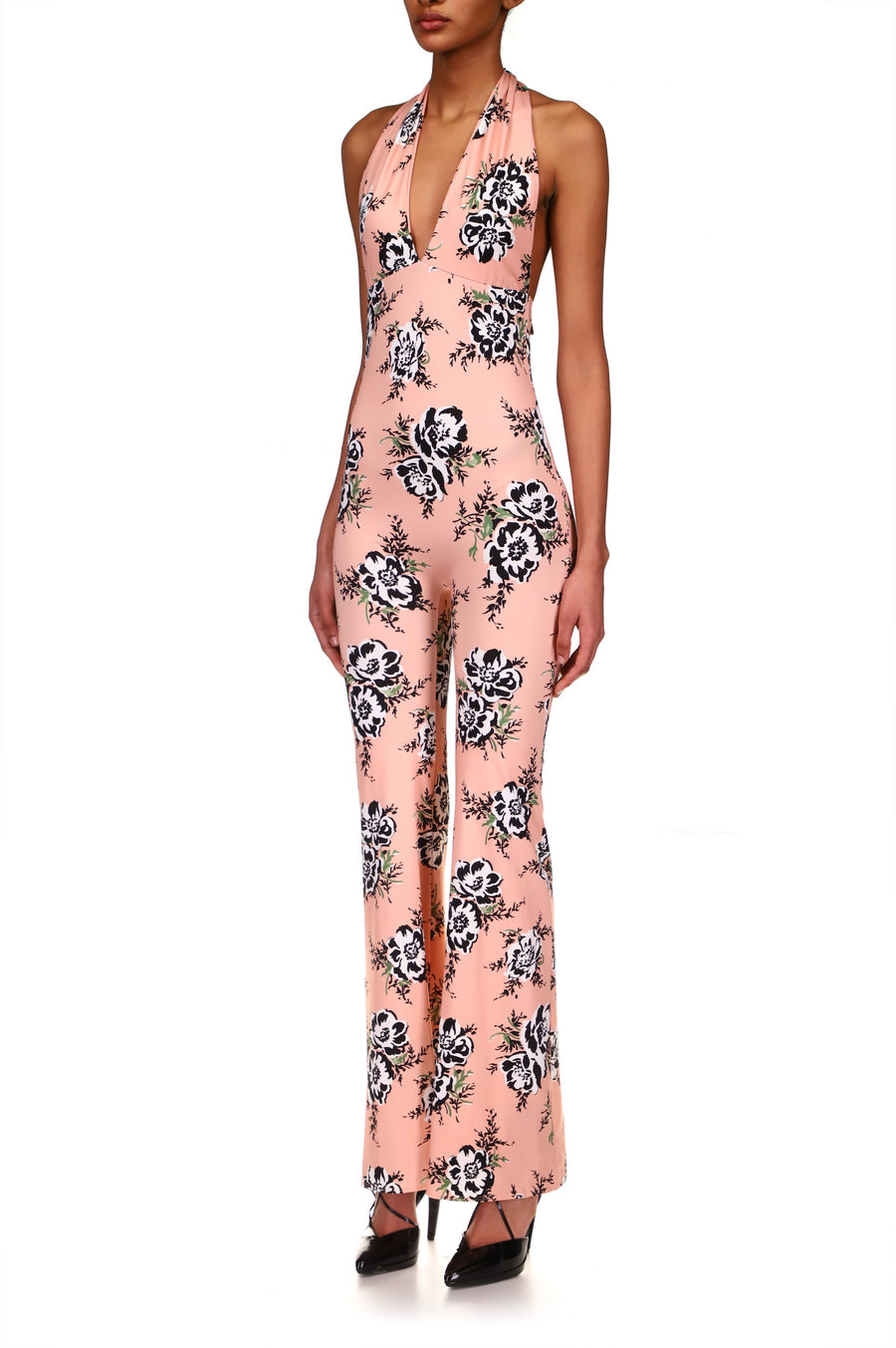 Peach Floral Stretch Halter Jumpsuit