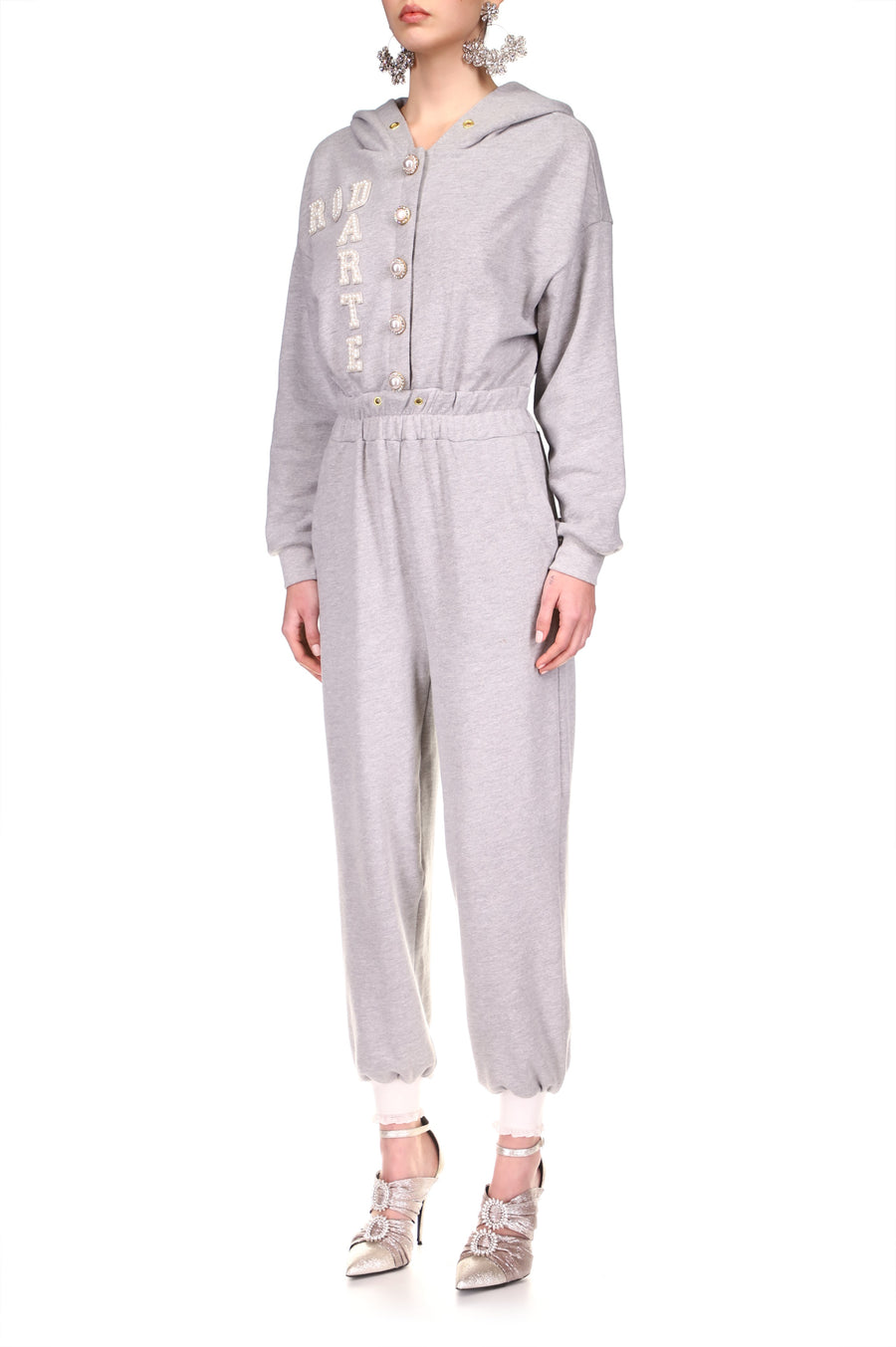 Heather Grey French Terry Hoodie Jumpsuit With Pearl Button Details