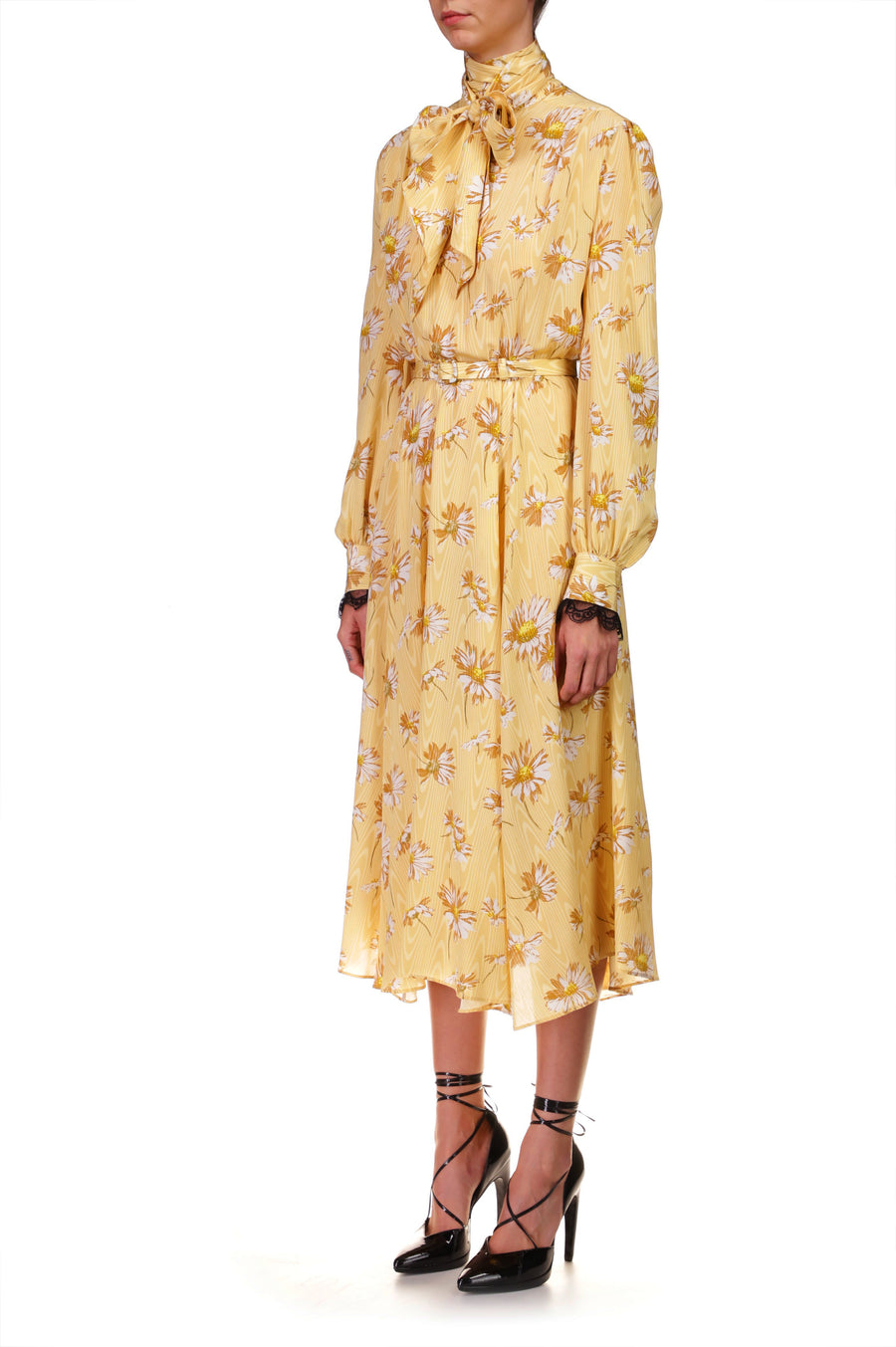 Yellow Daisy Moire Dress With Sash Tie Neck And Lace Details