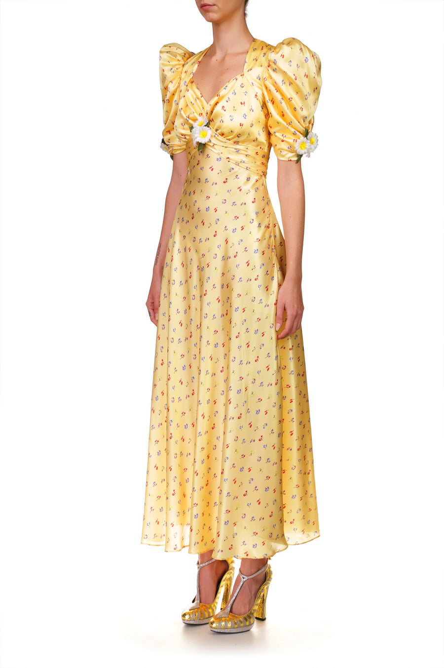 Yellow Floral Silk Dress With Silk Daisies
